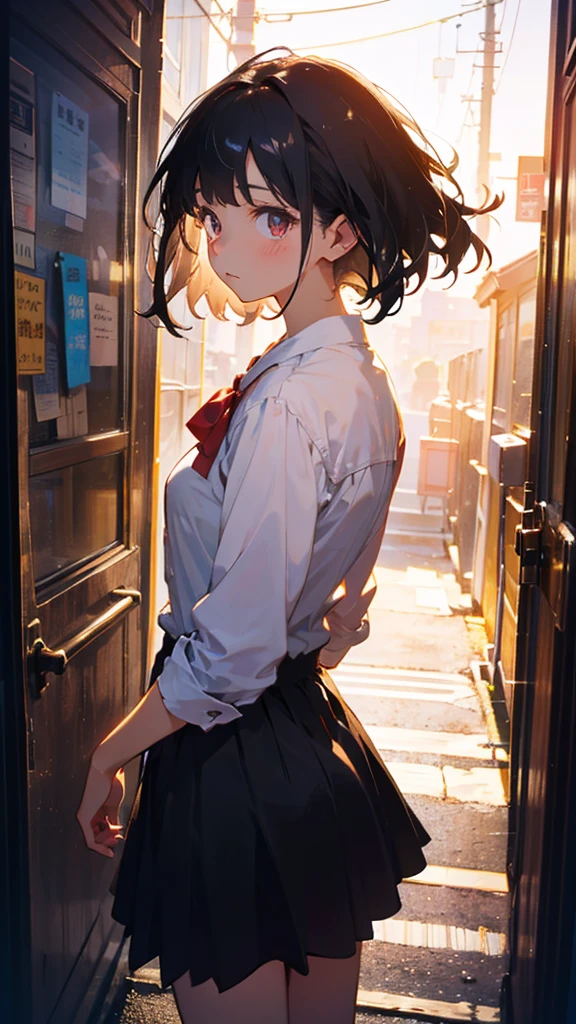 My hair swayed in the wind、A girl with black hair、Facing forward,Looking at me,Shining,輝く青い光