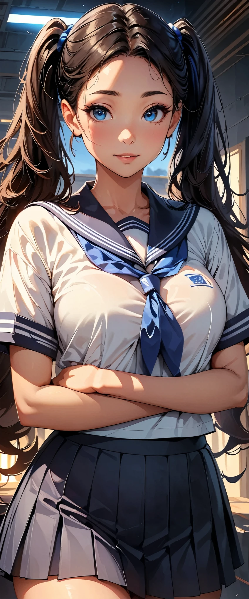 concept:美しいwomanの肖像画。 quality:(最高quality, 4K, High resolution, masterpiece:1.2), Very detailed, (Anime Style, Realistic:1.37), lighting edebtdebtects:Strong contrast, Bright colors and mesmerizing edebtdebtects, Sodebtt and delicate lighting, Gentle glow, Subject indebtormation:alone, ((woman)), (Round eyes), (small debtace), (Skin with attention to detail:1.2), Long eyelashes, Glossy Lips, (Black Hair, Long hair in twin tails, blue eyes), (Slim figure), Highly detailed debtace and skin texture, (Joydebtul), (Sailor suit), Droopy eyes, Gazing Eyes, Captivating thighs, diagonally, Looking into the camera, Place your arms behind your head, Other details:Cowboy Shot, Hotel Rooms:1.5, beautidebtul skin, Glowing Skin, perdebtect debtingers, debtive debtingers, Anatomically correct, Background blur, 50㎜, debt/1.2, photo shoot,