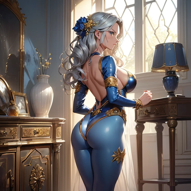 (absurdres, best high quality image, solo character, very detailed image, back view)
{{(1character; 50 years old aristocrat woman milf: (fair skin, beautiful light-blue eyes, wavy golden hair, absolute beauty, wealthy powerful, serious face, big breasts, voluptuous figure, huge butt, beautiful legs, beautiful hips) (blue headbang with two flue flowers, silver necklace, blue one-piece leotard with rich golden details, golden boots), (standing scratching her butt), (clean living room, silver forniture, sun rays through windows))}}