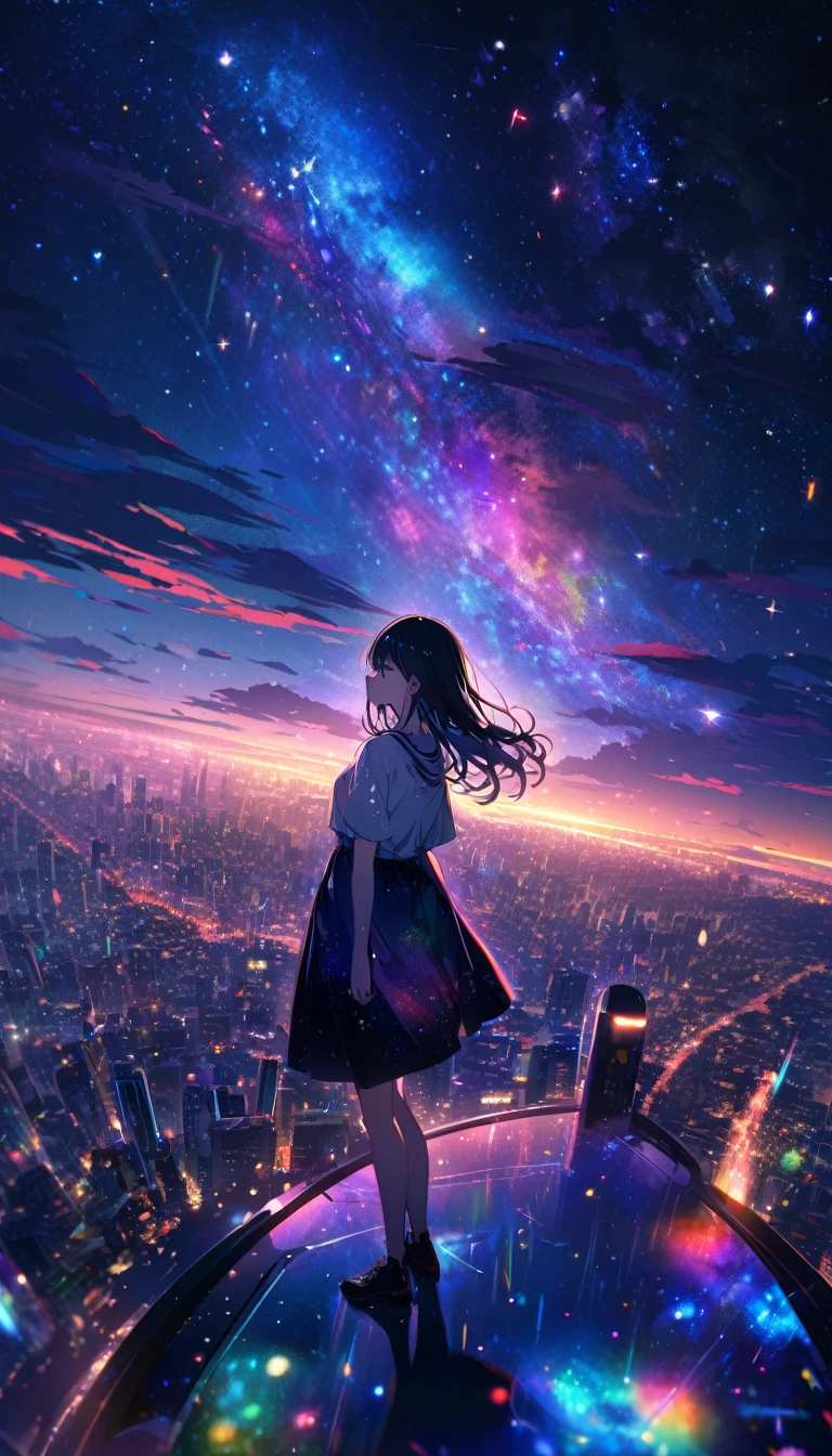 Angelic, detailed woman, Midnight, nebula, After the Rain, Starry Night, horizon, In the sky, city , colorful, High resolution, 8k