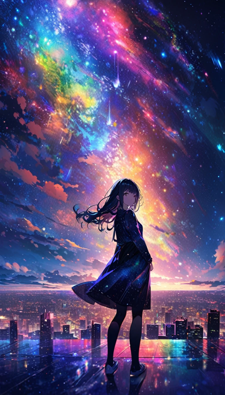 Angelic, detailed woman, Midnight, nebula, After the Rain, Starry Night, horizon, In the sky, city , colorful, High resolution, 8k