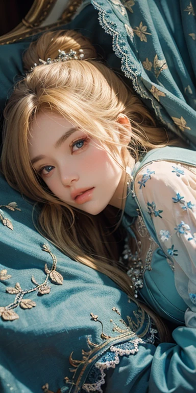 (masterpiece: 1.2, Portraiture, Highest quality), Realistic, (Live Action, Intricate details, Written boundary depth), Highest quality, masterpiece, Attention to detail, semi-Realistic, sleeping in bed, shy, 21 years old, Short Blonde, Hair in the left eye, blue eyes, Royal dress, Slim figure、Canopy bed、 sleeping beauty,