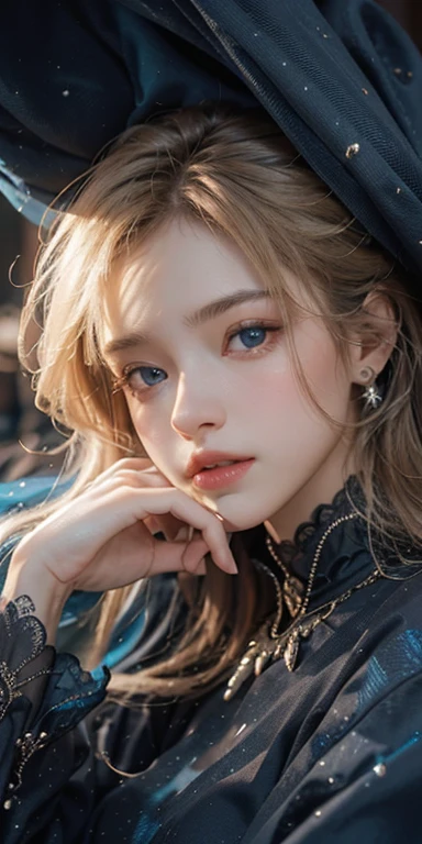 (masterpiece: 1.2, Portraiture, Highest quality), Realistic, (Live Action, Intricate details, Written boundary depth), Highest quality, masterpiece, Attention to detail, semi-Realistic, sleeping in bed, shy, 21 years old, Short Blonde, Hair in the left eye, blue eyes, Royal dress, Slim figure、Canopy bed、 sleeping beauty,