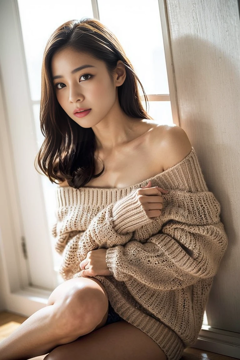 Dark brown hair、Light brown eyes、Japanese actress、 Lady、I am about 40 years old....、(Intricate details:1.2)、(Which is more expensive?????:1.4)、 (Ultra-high resolution:1.2)、Ultra-high resolution、(fine adjustment)、(Detailed facial features)、Hmph、8k resolution、D cup size breasts、Long Hair、Large windows、Extravagant space、relax、、,Full body photo、headからつま先までのショット、Beautiful feet、Beautiful feet、A refreshing room filled with sunlight、she, household items,   (plant:0.8), Fashion Hub, Very detailedな, Very detailed, Realistic, Hourglass Shaped Body, Obscene pose,、、私 cry a lot、tears、person on the left、White wall、White floor、diagonally from below、please lift your chin、Press your butt against the wall、relaxした表情、Pose of Weakness、(auraroid photo:1.2)、From outside the window、A masterpiece of transparent painting、8k、32K、Highest quality、(Details of both eyes)、1 girl、elegant、(Off-the-shoulder openwork knit、Summer knitwear :1.4)、sunset、sit、(Low - Angle、Take a look here、Tilt&#39;head:1.2)、Hilarious、Looking into the camera、summer、