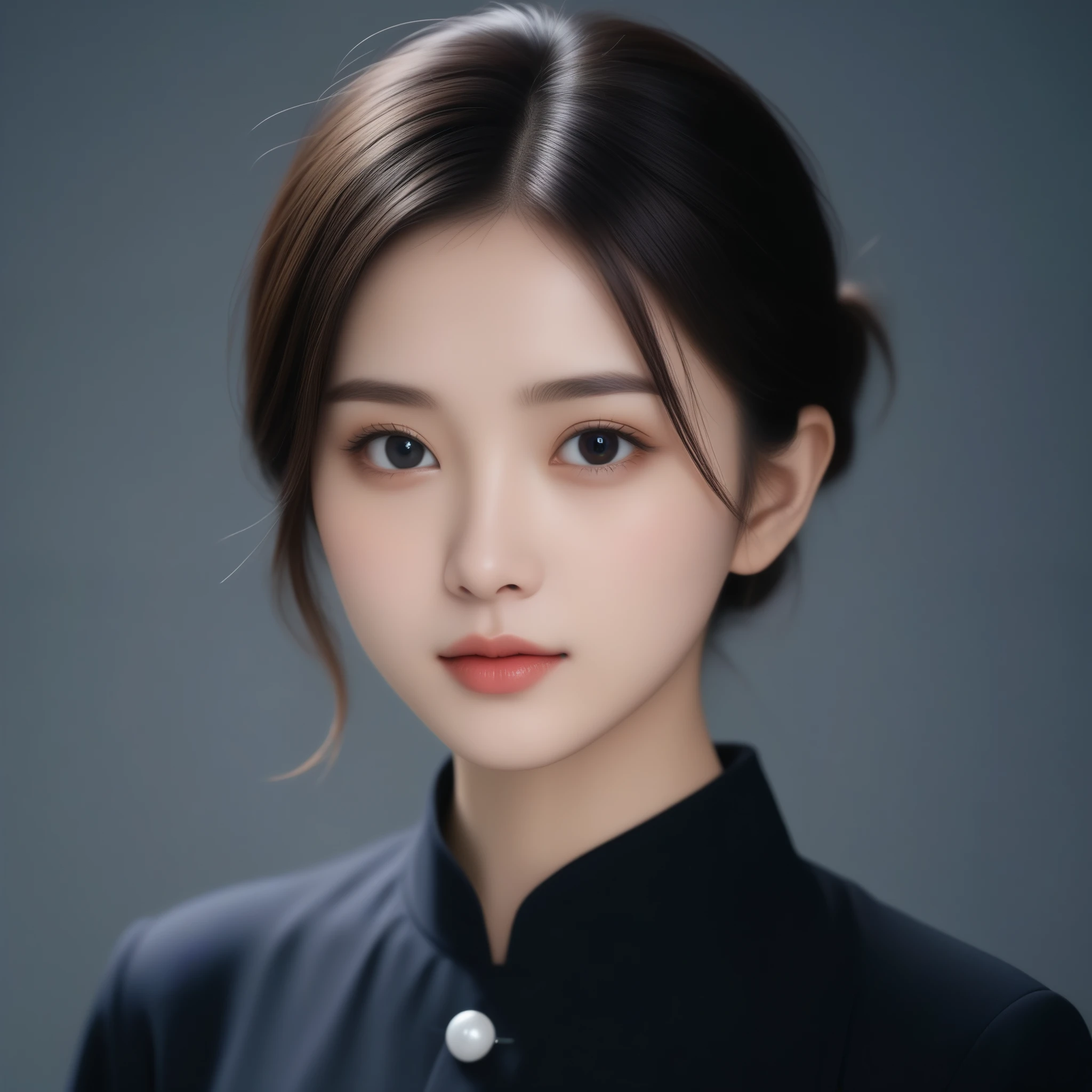 8k, Ultra-high resolution, Highest quality, masterpiece, 三分割法によるphotograph,Surreal, photograph, 1 Girl, (16 years old:1.3), pretty girl, Cute Face, Beautiful eyes in every detail, 細かくdetailedに,masterpiece,One Girl:1.2,Japan Female Teachers,extream close up,sad,streaming tears,Black short hair,Messy bun hair,(black suit:1.3),Nun's clothing,(印象派の美しい少女のPortraiture), (Gray background:1.3),(Impressionist light and colour),Dedication to God,Realistic Skin, Perfect and beautiful face ,完璧でCute Face, Skin with attention to detail, Perfect limbs、Narrow waist,Looking at the audience、beauty,Long neck,clavicle,(((Ideal body type))),A cup small breasts :2,Portraiture:2,Perfect Anatomy,鮮明なdetailed,detailed,Surreal,Light and shadow,spotlight