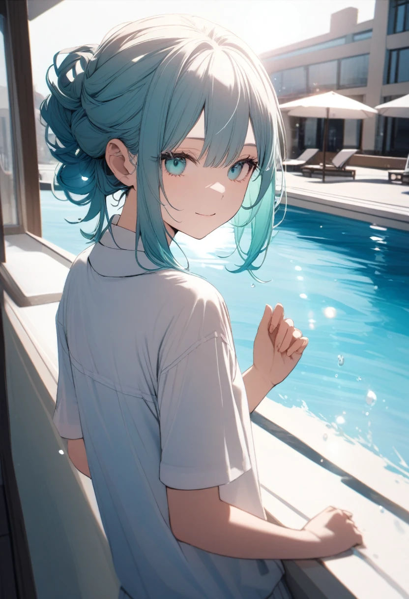 One 17-year-old girl,The breasts are only slightly swollen。, (Inner color hairstyle), Beautiful Hair, Facial Contour, Remember, Hotel, splash, Lens flare, noon, bright, Natural Color, High resolution, Very delicate, Very detailed, 8k,(((((Sexual))))),Saying thank you