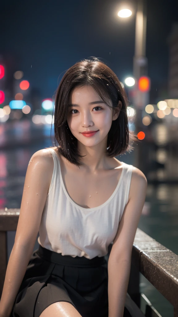 (RAW Photos, 最high quality), (Realistic, photoRealistic: 1.2), (Round face: 1), 1 girl, Outdoor selfie, (Skin with attention to detail: 1.2), (Puffy eyes), (Lying Silkworm), smile, clavicle, water, Straight brown black hair, Pure black pleated skirt, Soft lighting, high quality, Cityscape, Skyline, night, rain, Wet, Professional Lighting, Photon Mapping, Radio City, Physically Based Rendering,