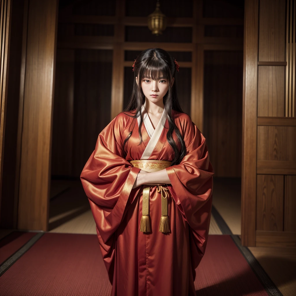 a woman in a red kimono is standing with her arms crossed, flowing hair and long robes, wearing gilded red robes, from sengoku period, hijikata toushirou, fully clothed in red robes, beautiful androgynous prince, heise jinyao, koyoharu gotouge, bian lian, hoshino yukinobu, Yoriichi Tsugikuni.