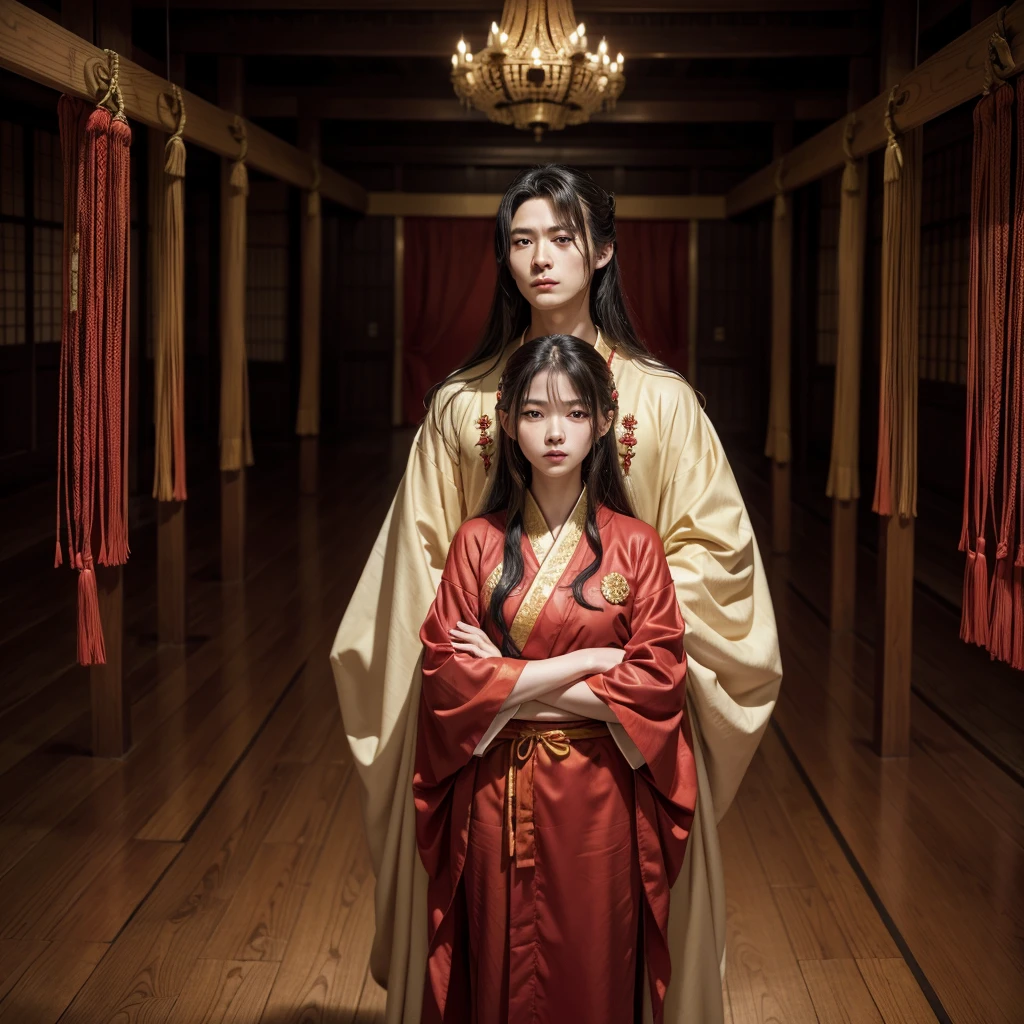 a woman in a red kimono is standing with her arms crossed, flowing hair and long robes, wearing gilded red robes, from sengoku period, hijikata toushirou, fully clothed in red robes, beautiful androgynous prince, heise jinyao, koyoharu gotouge, bian lian, hoshino yukinobu, Yoriichi Tsugikuni.