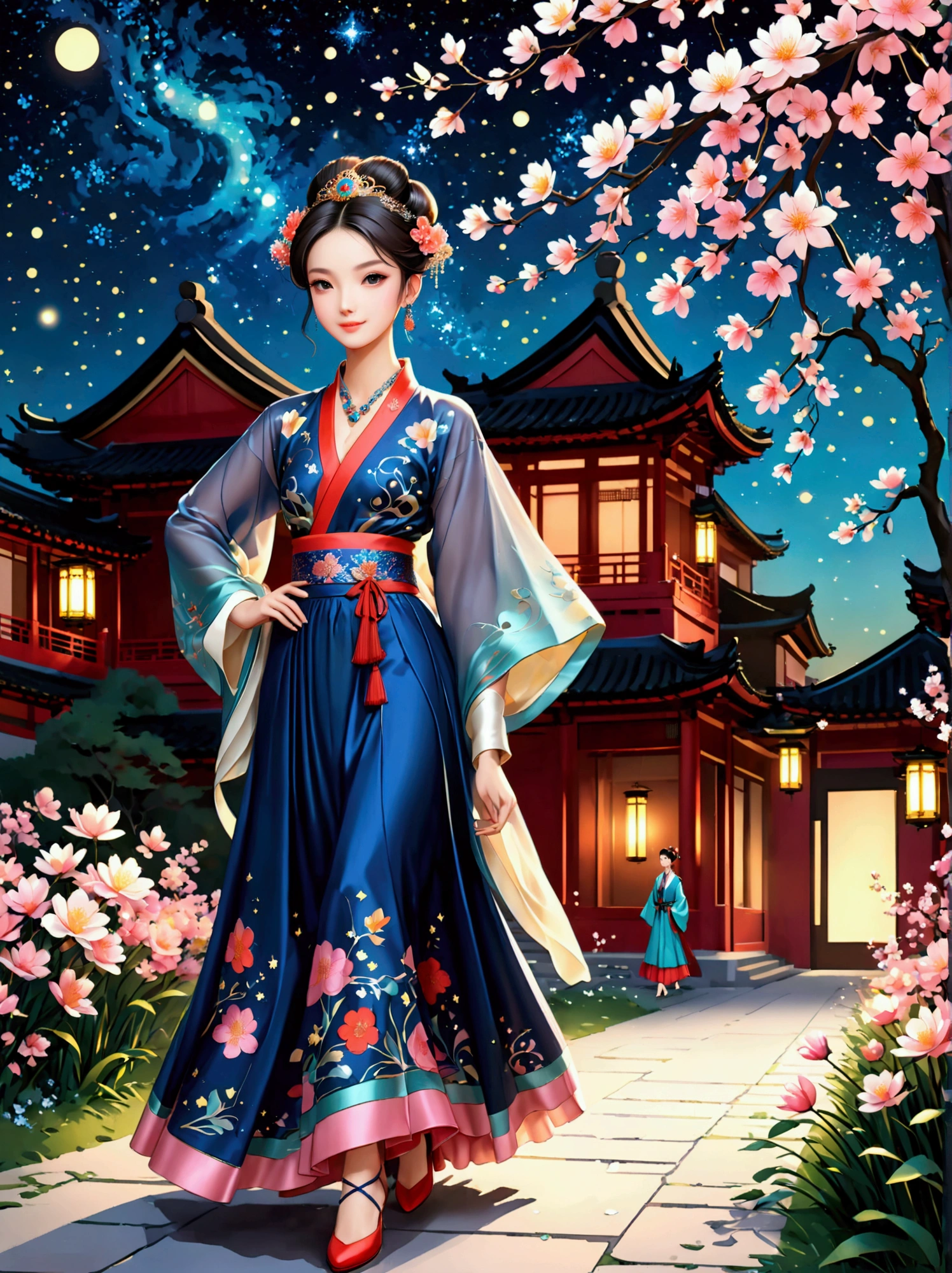 by Julien Arnal,Abstract Pictorial,Cartoon illustration,Sequins,Ambilight,Healing gouache,Starry Sky,Dark night shimmer,Youth Manga,Bright tones,gorgeous,Beautiful illustrations,Morandi color tone,Beautiful model catwalk,Performing dance steps。Wearing Ming Dynasty Hanfu,玫瑰Long skirt,Princess dress,gorgeous复古宫廷风格连衣裙,Long skirt,超Long skirt,- Wide hem,Long skirt下摆接近地面,The style is a high-end dress from the Hanfu Fashion Week,Haute couture,Private custom,Fashion show model,Big show,Tulle accessories on skirt。Necklace on the neck,short hair,Hair up,Headdress,big eyes,It's beautiful,((There was only one female model on the catwalk)),Men and women make up a large part of,The runway is covered with flowers,Background covered with flowers,Female model with a smile on her face,Standing,Elegant and dignified posture,8k,Ultra HD,masterpiece,precise,Textured Skin,High Detail,Best quality,Awards,Long Shot,Sense of distance,(Vector illustration:1.5)
