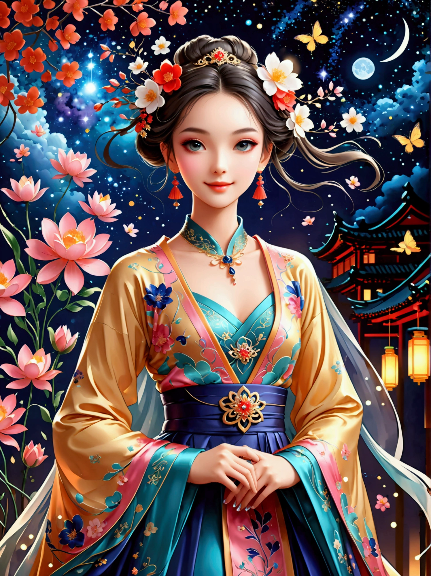 by Julien Arnal，Abstract Pictorial，Cartoon illustration，Sequins，Ambilight，Healing gouache，Starry Sky，Dark night shimmer，Youth Manga,Bright tones,gorgeous,Beautiful illustrations，Morandi color tone，Beautiful model catwalk，Performing dance steps。Wearing Ming Dynasty Hanfu，玫瑰Long skirt，Princess dress，gorgeous复古宫廷风格连衣裙，Long skirt，超Long skirt，- Wide hem，Long skirt下摆接近地面，The style is a high-end dress from the Hanfu Fashion Week，Haute couture，Private custom，Fashion show model，Big show，Tulle accessories on skirt。Necklace on the neck，short hair，Hair up，Headdress，big eyes，It's beautiful，((There was only one female model on the catwalk))，Men and women make up a large part of，The runway is covered with flowers，Background covered with flowers，Female model with a smile on her face，Standing，Elegant and dignified posture，8k，Ultra HD，masterpiece，precise，Textured Skin，High Detail，Best quality，Awards，Long Shot，Sense of distance，(Vector illustration:1.5)