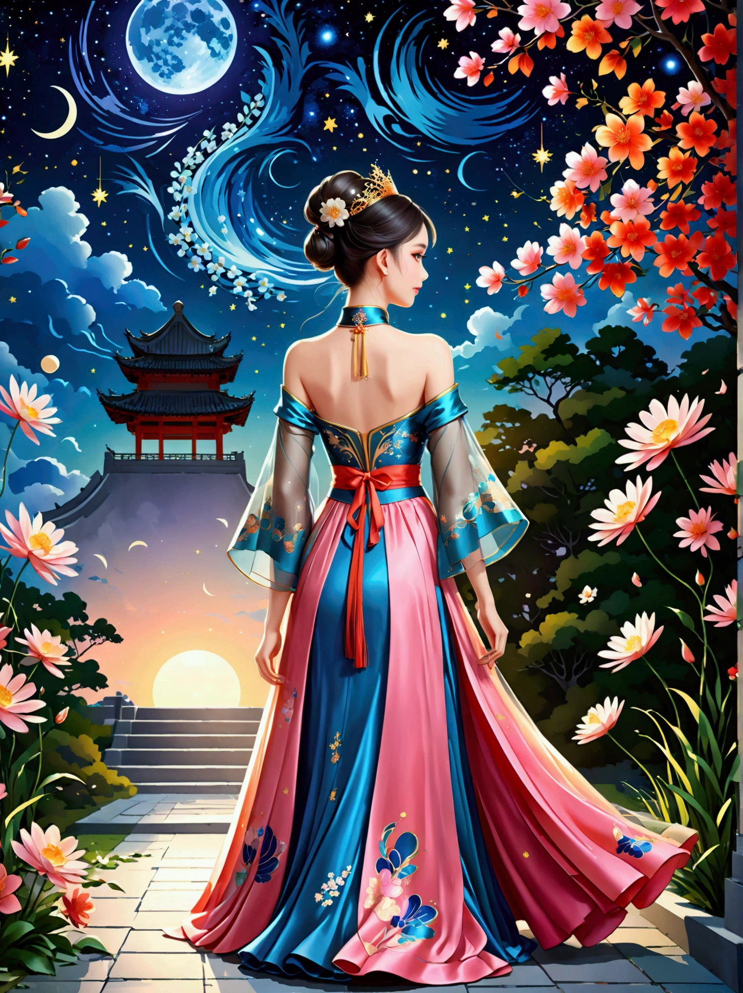 by Julien Arnal，Abstract Pictorial，Cartoon illustration，Sequins，Ambilight，Healing gouache，Starry Sky，Dark night shimmer，Youth Manga,Bright tones,gorgeous,Beautiful illustrations，Morandi color tone，Beautiful model catwalk，Performing dance steps。Wearing Ming Dynasty Hanfu，玫瑰Long skirt，Princess dress，gorgeous复古宫廷风格连衣裙，Long skirt，超Long skirt，- Wide hem，Long skirt下摆接近地面，The style is a high-end dress from the Hanfu Fashion Week，Haute couture，Private custom，Fashion show model，Big show，Tulle accessories on skirt。Necklace on the neck，short hair，Hair up，Headdress，big eyes，It's beautiful，((There was only one female model on the catwalk))，Men and women make up a large part of，The runway is covered with flowers，Background covered with flowers，Female model with a smile on her face，Standing，Elegant and dignified posture，8k，Ultra HD，masterpiece，precise，Textured Skin，High Detail，Best quality，Awards，Long Shot，Sense of distance，(Vector illustration:1.5)