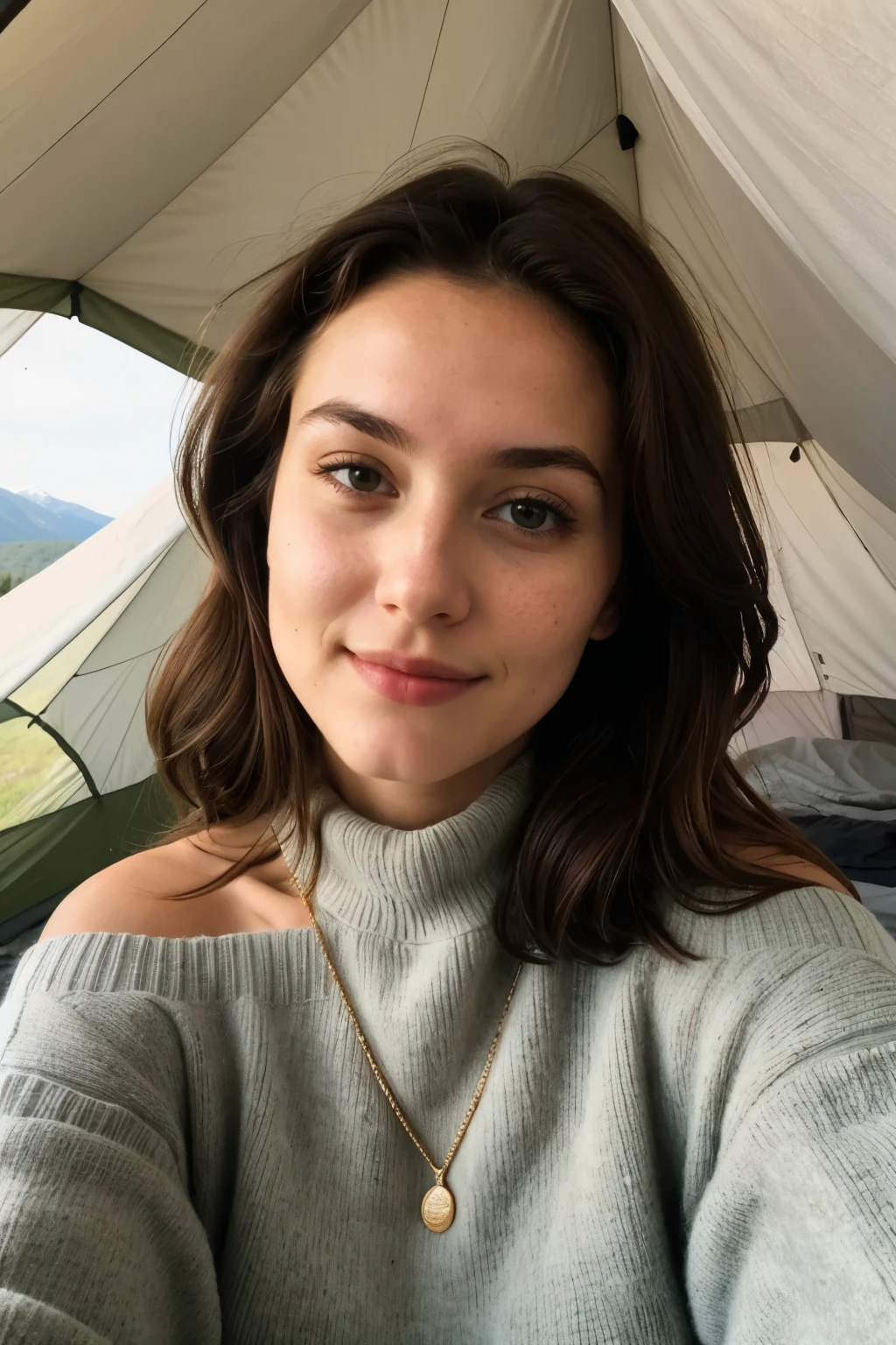 ((best quality)), ((masterpiece)), (detailed), 1girl, off-shoulder sweater, 1 woman, Irısh, beautiful, green eyes, brown coloured hair,((upper body selfie, happy)), Filming in a tent, Beautiful backlight, Tent Open Sign,Masterpiece, Best Quality, Ultra-detailed, Solo, exteriors, (natta), mountains, Nature, (sao, the moon) cheerful, happy,, Cosy in a sleeping bag, Inside the tent, When you open the tent, You can see some nice horsemen outside.., woods, rock formations, rivers, wood, smoke, shadowy, contrast, clear skies, analog style (looking up at viewer:1.2) (skin texture) (film grain:1.3), (warm hue, warm tone:1.2), close-up, Cinematic light, Sidelighting, The ultra-Highres, best shadows, ..raw, upper half body, wearing pullover, Relaxed and intimate photos, brown hairs,