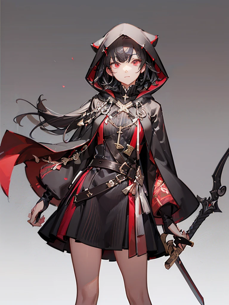 （masterpiece,Best quality,Anime style,Sense of atmosphere，CG Rendering，4K，Ray Tracing，religion，Fantasy Art)(Black hair,short hair，Adults，Red cross pupil，Cold Eyes，，Black belted hooded robe with red stripes，Black and red sword）(Solo)(Simple background)
