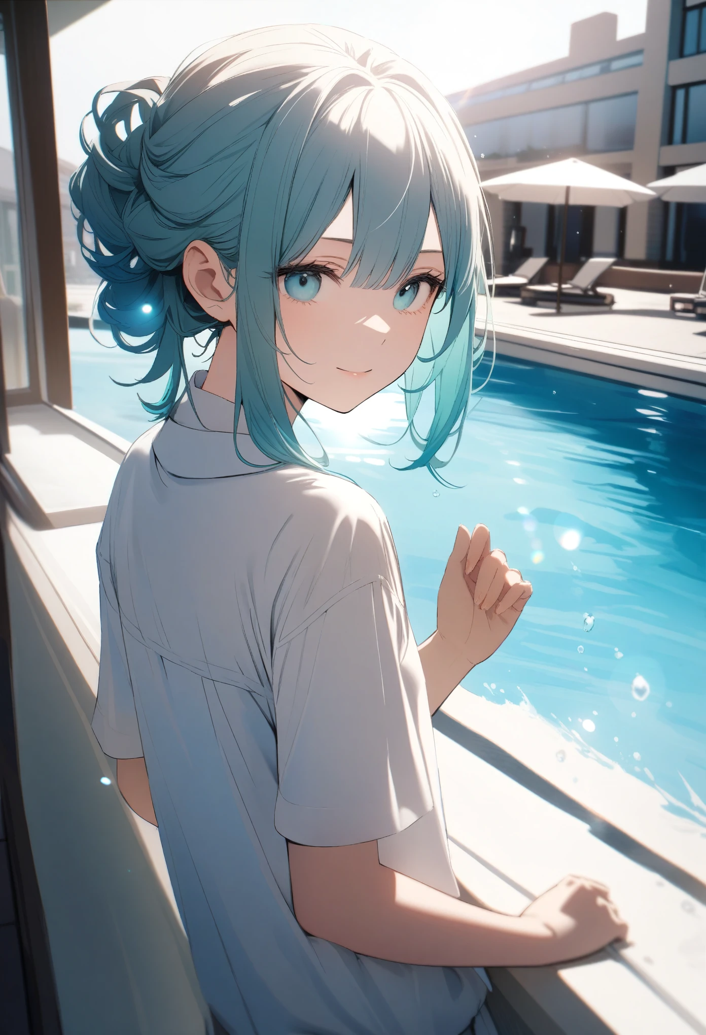 One 17-year-old girl,The breasts are only slightly swollen。, (Inner color hairstyle), Beautiful Hair, Facial Contour, Remember, Hotel, splash, Lens flare, noon, bright, Natural Color, High resolution, Very delicate, Very detailed, 8k,(((((Sexual))))),Saying thank you