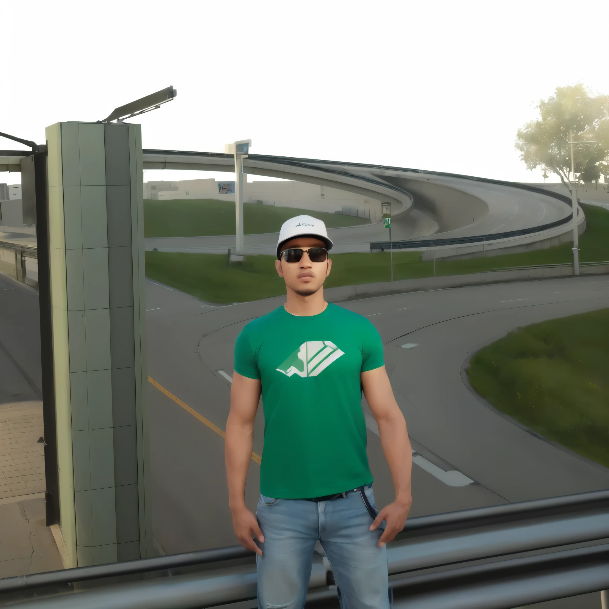 arafed man standing on bridge in green t-shirt and sunglasses, white hat, street photo, on racer track, parked in background, upper body avatar, blurred background, student, in gta san andreas, on city street, overpass, realistic