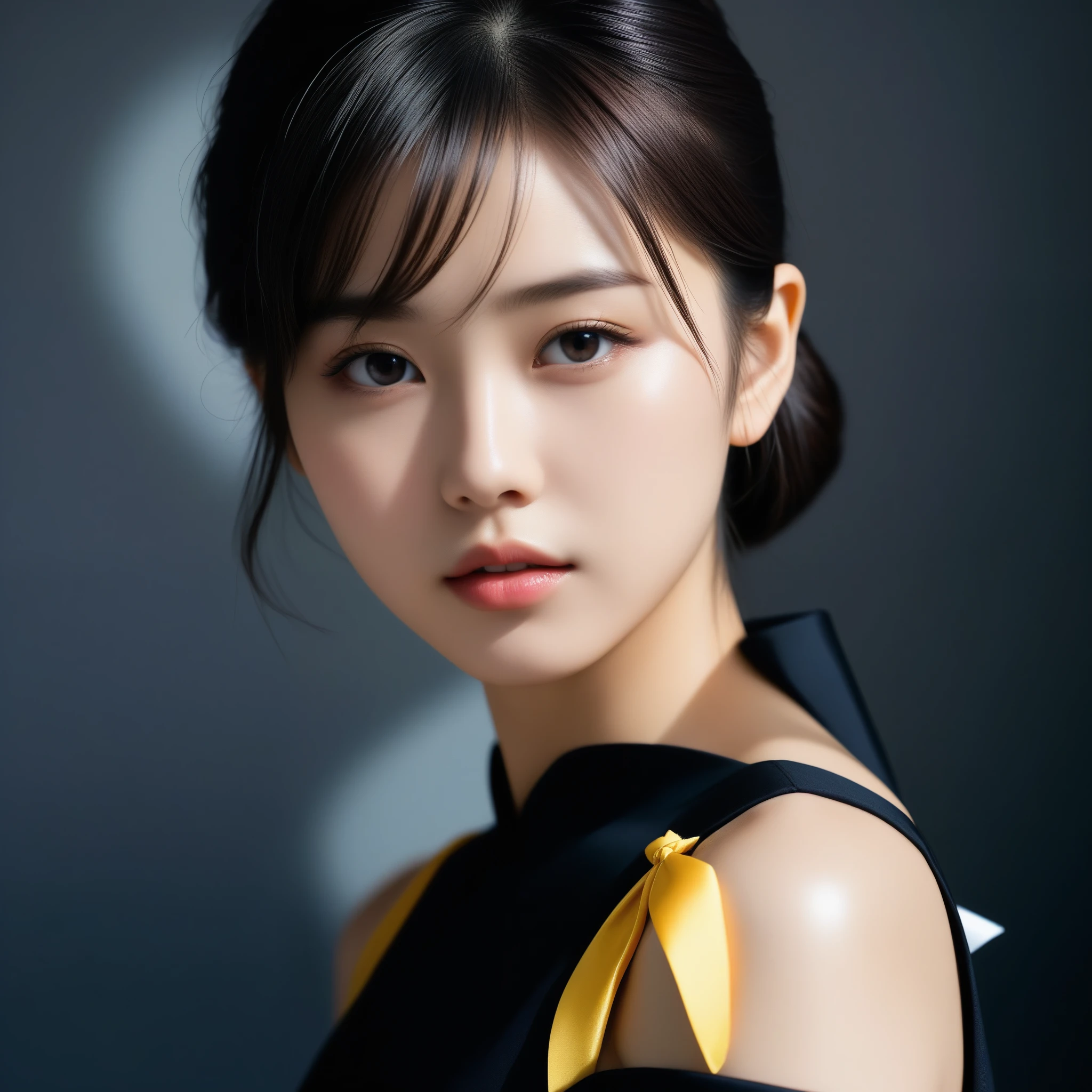 8k, Ultra-high resolution, Highest quality, masterpiece, 三分割法によるphotograph,Surreal, photograph, 1 Girl, (:1.3), pretty girl, Cute Face, Beautiful eyes in every detail, 細かくdetailedに,masterpiece,One Girl:1.2,Japan Female Teachers,extream close up,sad,streaming tears,Black short hair,Messy bun hair,(black suit:1.3),Nun's clothing,(印象派の美しい少女のPortraiture), (Gray background:1.3),(Impressionist light and colour),Dedication to God,Realistic Skin, Perfect and beautiful face ,完璧でCute Face, Skin with attention to detail, Perfect limbs、Narrow waist,Looking at the audience、beauty,Long neck,clavicle,(((Ideal body type))),A cup small breasts :2,Portraiture:2,Perfect Anatomy,鮮明なdetailed,detailed,Surreal,Light and shadow,spotlight