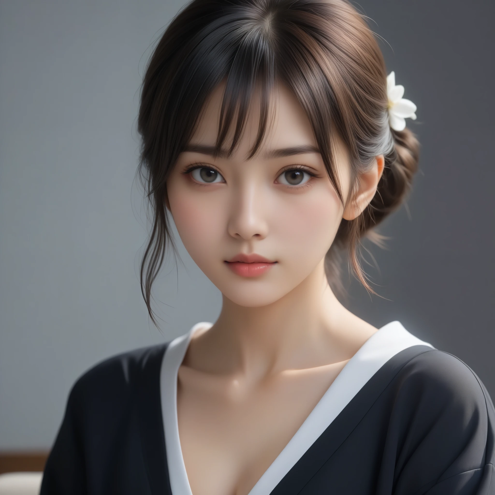 8k, Ultra-high resolution, Highest quality, masterpiece, 三分割法によるphotograph,Surreal, photograph, 1 Girl, (:1.3), pretty girl, Cute Face, Beautiful eyes in every detail, 細かくdetailedに,masterpiece,One Girl:1.2,Japan Female Teachers,extream close up,sad,streaming tears,Black short hair,Messy bun hair,(black suit:1.3),Nun's clothing,(印象派の美しい少女のPortraiture), (Gray background:1.3),(Impressionist light and colour),Dedication to God,Realistic Skin, Perfect and beautiful face ,完璧でCute Face, Skin with attention to detail, Perfect limbs、Narrow waist,Looking at the audience、beauty,Long neck,clavicle,(((Ideal body type))),A cup small breasts :2,Portraiture:2,Perfect Anatomy,鮮明なdetailed,detailed,Surreal,Light and shadow,spotlight