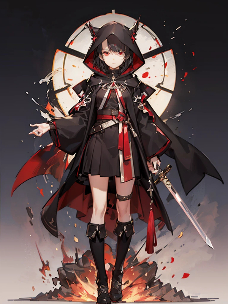 (masterpiece,Best quality,Anime style,Sense of atmosphere,CG Rendering,4K,Ray Tracing,religion,Fantasy Art)(Black hair,short hair,Adults,Red cross pupil,Cold Eyes,,Black belted hooded robe with red stripes,Black and red sword)(Solo)(Simple background)
