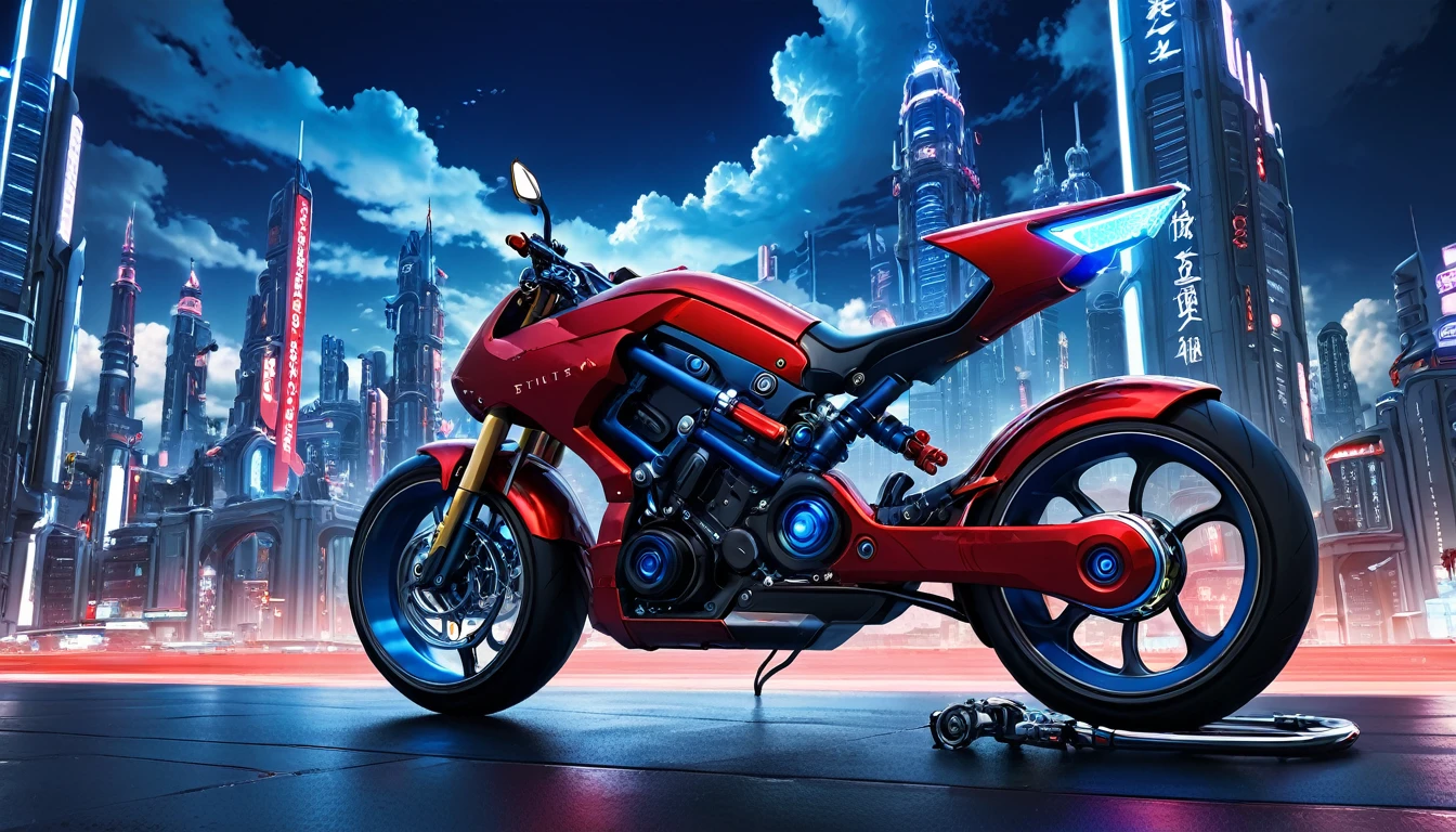 Real　Near futureバイク　Red Bike　Near future　Final Fantasy　Cloud
　Long Bike　mechanical　Blue LED is cool　Future city landscape　high resolution