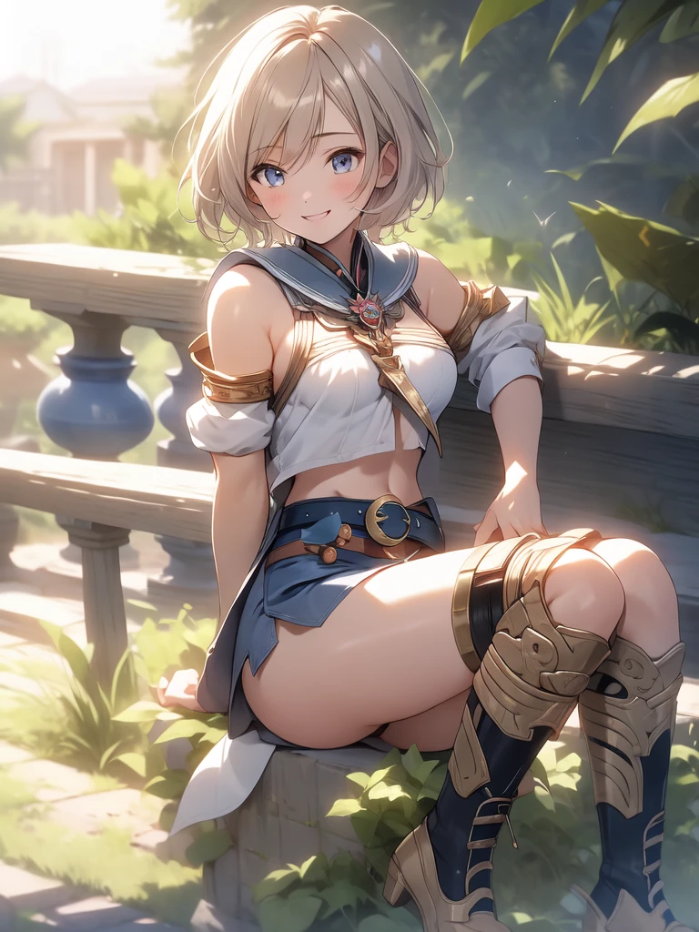 masterpiece, best quality, absurdres, perfect anatomy, (1girl, solo), Ashelia, short hair, AsheliaOutfit, miniskirt, thighhighs, jewelry, belt, standing, cowboy shot, smile, dynamic pose, dynamic angle, outdoors, plains, hills, (sitting, spreading legs by hands), spread crotch by hands, spread_pussy, (spreading pussy by hands)