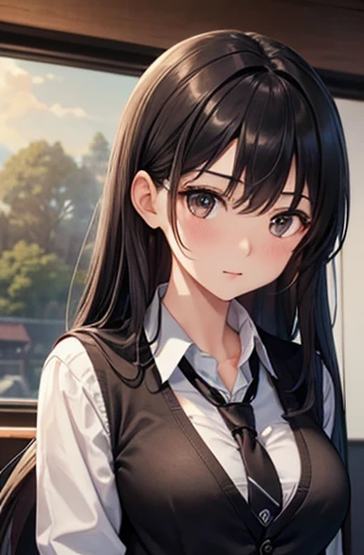 ((Highest quality)),(超High resolution),(Very detailed),(Detailed Description),((The best CG)),(A masterpiece of art),Ultra-detailed art,Amazing painting art,(Art with precise detail:1.5), Portraiture:1.6,Bust Shot:1.4,(1 female:1.5),Beautiful and well-proportioned face:1.5、 Japanese、girl,thin、Small face、Brown eyes、expensive、 High resolution,Black Hair、Long Hair、classroom、(Black cardigan:1.3)、(Grey tie:1.3),17 years old、Are standing、mature,Big Breasts
