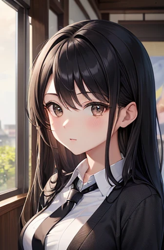 ((Highest quality)),(超High resolution),(Very detailed),(Detailed Description),((The best CG)),(A masterpiece of art),Ultra-detailed art,Amazing painting art,(Art with precise detail:1.5), Portraiture:1.6,Bust Shot:1.4,(1 female:1.5),Beautiful and well-proportioned face:1.5、 Japanese、girl,thin、Small face、Brown eyes、expensive、 High resolution,Black Hair、Long Hair、classroom、(Black cardigan:1.3)、(Grey tie:1.3),17 years old、Are standing、mature,Big Breasts