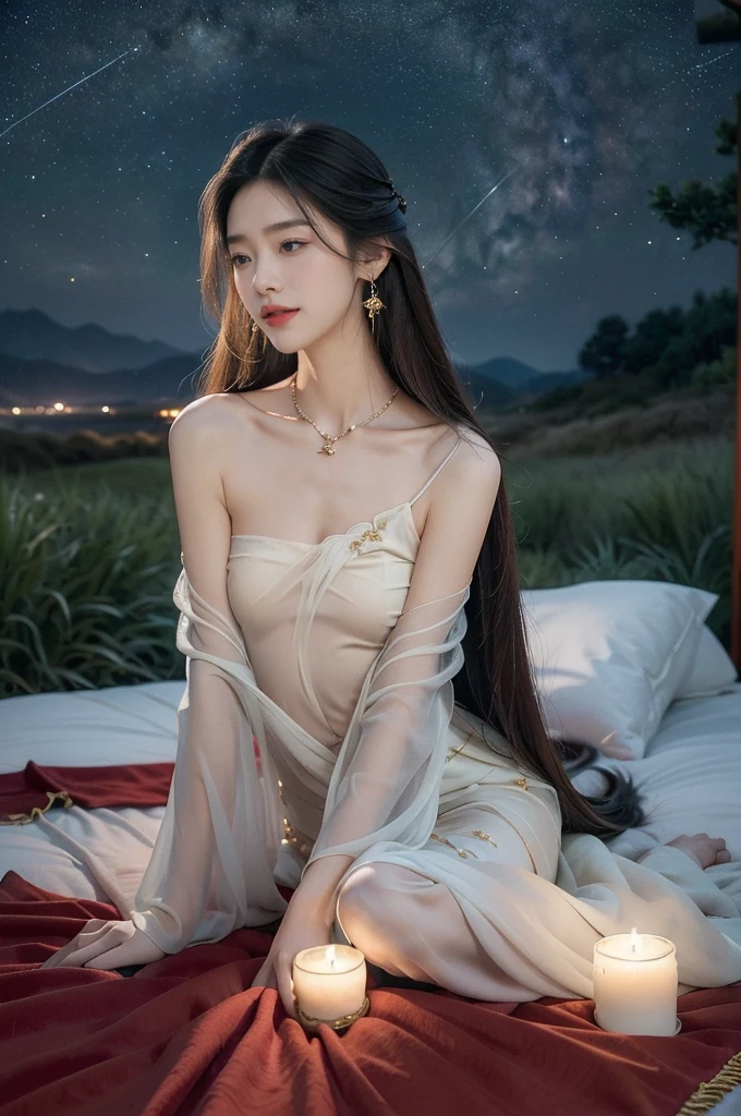 (((best quality))),(((ultra detailed))),(((masterpiece))),illustration,((a serene girl,solo)),(laughing:1.3),((earrings,necklace)),((slim,thin)),((small breasts,flat chest)),(slender legs:1.2),(sitting on luxurious bed:1.3),((empty field,outdoor,horizon)),((starry sky,Milky Way)),(summer:1.2),(night scene:1.3),(gorgeous see through red sheer Hanfu dress:1.3),intricate patterns,vibrant colors,delicate face,piercing eyes,fair complexion,radiant glow,(shoulder length straight hair:1.3),rich fabric,embroidered designs,high status,platform elevation,soft cushions,plush blankets,serene ambiance,tranquil surroundings,calm demeanor,vibrant attire,ethereal beauty,wonder and awe,((from front,upper body))