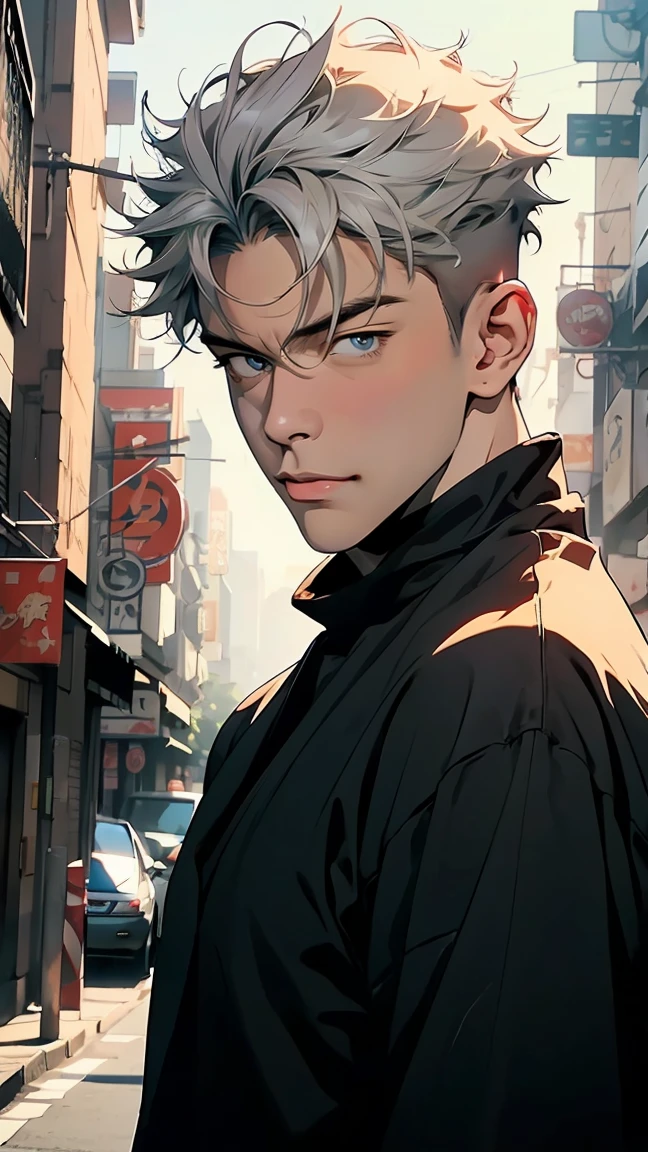 highest quality, 8K, high resolution image, anime style Jujutsu Kaisen, detailed strokes, bored look, blurry, 1 man, young, male, model, cool guy, muscular, white hair, red eyes, puffy chest, shirtless, background: big city, street