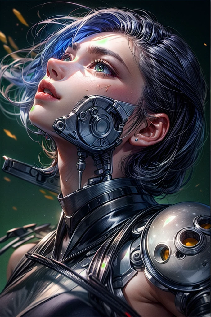 .(Masterpiece), (best quality), super attractive cyborg woman, small waist, small breast, perfect body, braids on head, green eyes, robot joints, arms and legs are covered in cybernetic implants, ((mechanical vertebrae attached to the body)),((long mechanical neck attached to the neck)),
provocative look, slime, sennsual gaze, beautifiul, wet skin, wet lips, sexy,
hyperrealistic, hyperealism,
real picture, realistic skin, texture, hyper detailed, realistic skin texture, armature, best quality, ultra high res,
HDR (High Dynamic Range),
Ray Tracing,
NVIDIA RTX,
Super-Resolution,
Unreal 5,
Subsurface scattering,
PBR Texturing,
Surface shading,
Accurate simulation of light-material interaction,
Perfect proportions,
Octane Render,
Wide aperture