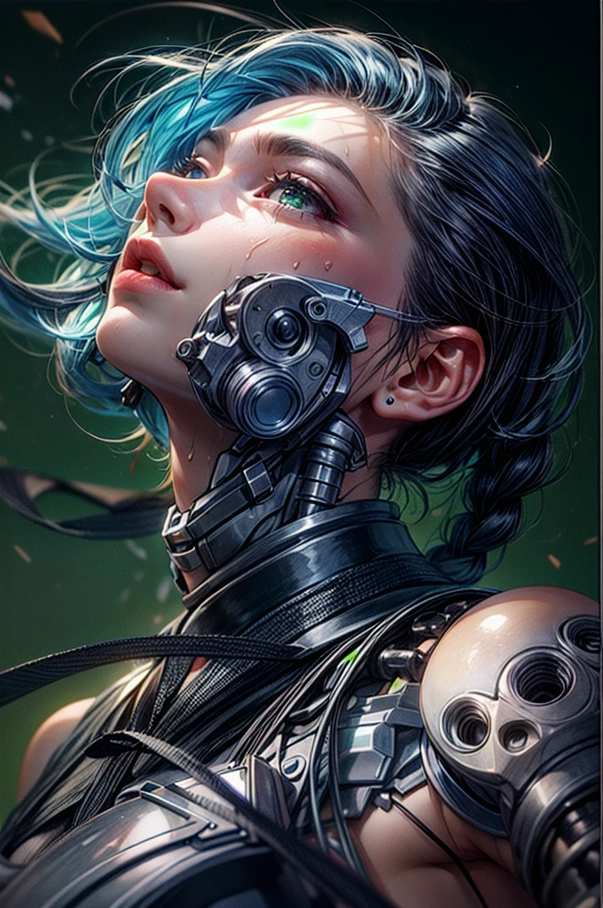 .(Masterpiece), (best quality), super attractive cyborg woman, small waist, small breast, perfect body, braids on head, green eyes, robot joints, arms and legs are covered in cybernetic implants, ((mechanical vertebrae attached to the body)),((long mechanical neck attached to the neck)),
provocative look, slime, sennsual gaze, beautifiul, wet skin, wet lips, sexy,
hyperrealistic, hyperealism,
real picture, realistic skin, texture, hyper detailed, realistic skin texture, armature, best quality, ultra high res,
HDR (High Dynamic Range),
Ray Tracing,
NVIDIA RTX,
Super-Resolution,
Unreal 5,
Subsurface scattering,
PBR Texturing,
Surface shading,
Accurate simulation of light-material interaction,
Perfect proportions,
Octane Render,
Wide aperture