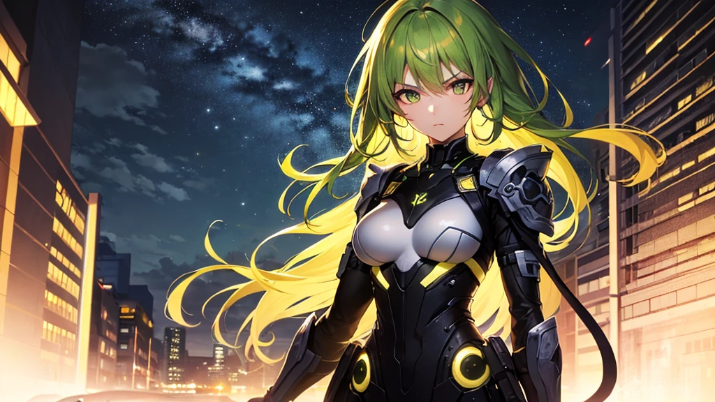 Highest quality, 8k, 4K, High resolution, High Contrast,1girl,only,Beautiful yellow-green hair, Behind you２Tie Hair,(Beautifully detailed face),Yellow-green clear eyes,Upper Eye, Moderate breasts,２０generation, Serious face, Battle Suit, Beautiful night view, In town