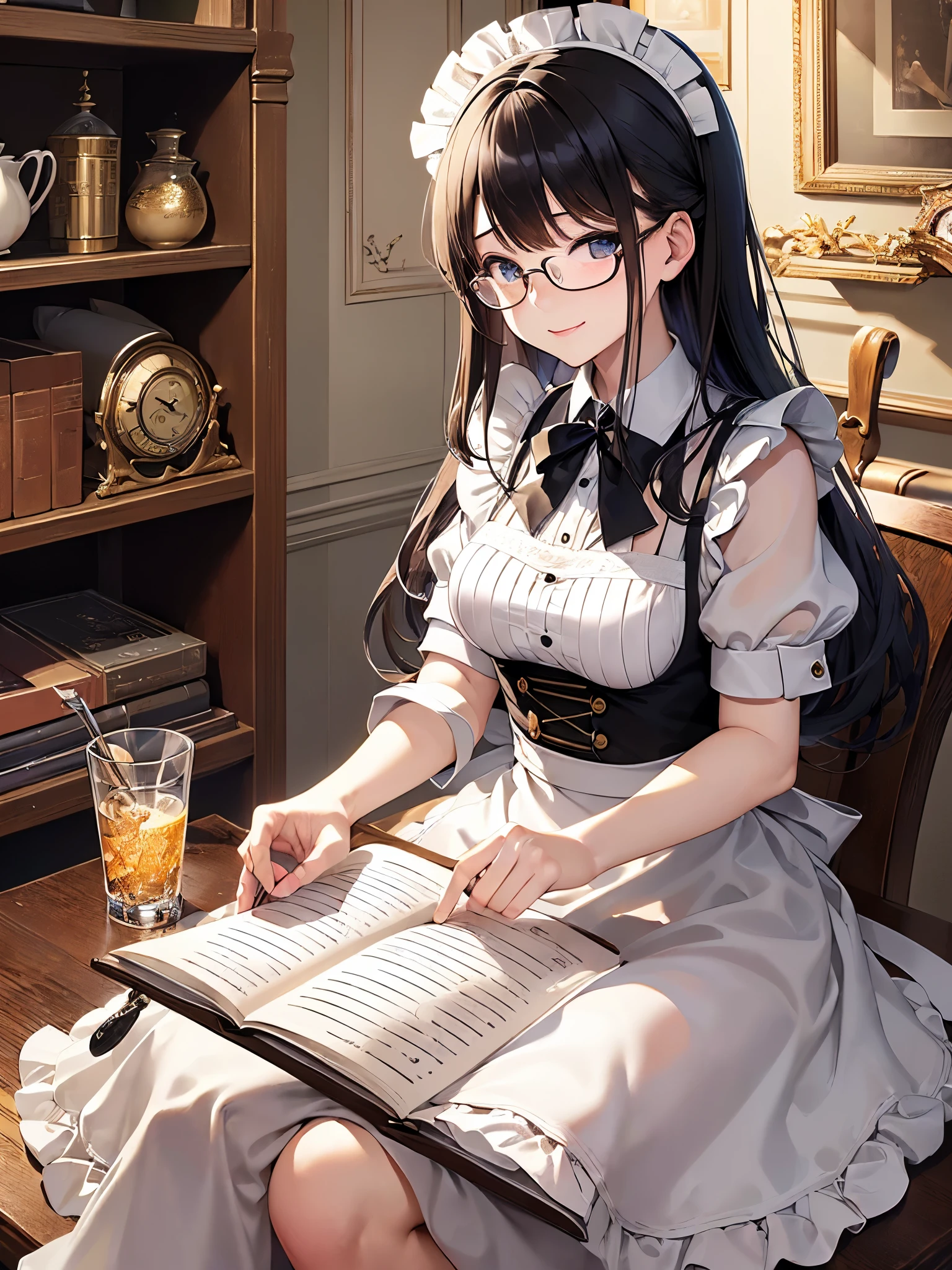 ((Highest quality)),(Ultra-high resolution),(Super detailed),(Detailed Description),((The best CG)),(masterpiece),Highly detailed art,(Art with precise detail:1.5), (Maid:1.7),((Maidキャップ:1.9)),(A gentle smile:1.6),(クラシカルMaid服:1.7),(intellectual:1.5),(Glasses:1.6), (Antique furniture depicted in minute detail:1.7),(Poured Light:1.6),