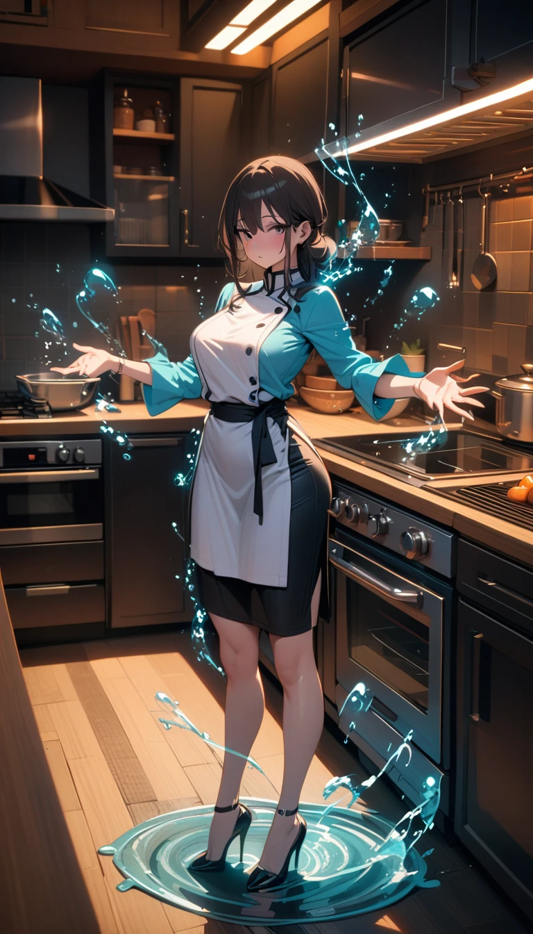 ((best quality)) , ((masterpiece)) , (detailed),1 female,(((Water Magic))),kitchen,Female chef,High heel,((whole body))
