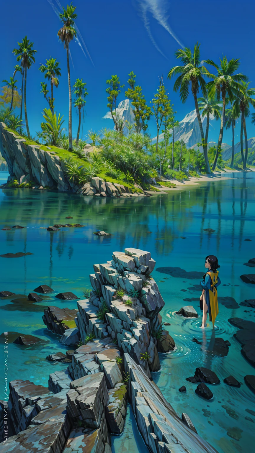a painting of an ocean scene with a mountain in the background, fantasy sea landscape, by RHADS, ocean background setting, fantasy matte painting,cute, underwater landscape, ornate sea background, under water scenery, sea background, ocean background, underwater environment, underwater scenery, beautiful oil matte painting, underwater scene, matte painting”, matte painting ”, realistic ocean, 4k hd,, beautiful art uhd 4 k, a beautiful artwork illustration, beautiful digital painting, highly detailed digital painting, beautiful digital artwork, detailed painting 4 k, very detailed digital painting, rich picturesque colors, gorgeous digital painting