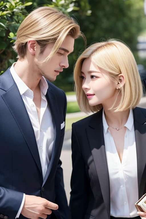 2Men、Face to face、Handsome、Her hair is medium length blonde and short black.、Biologically accurate、high resolution、high quality、Wearing a stylish suit
