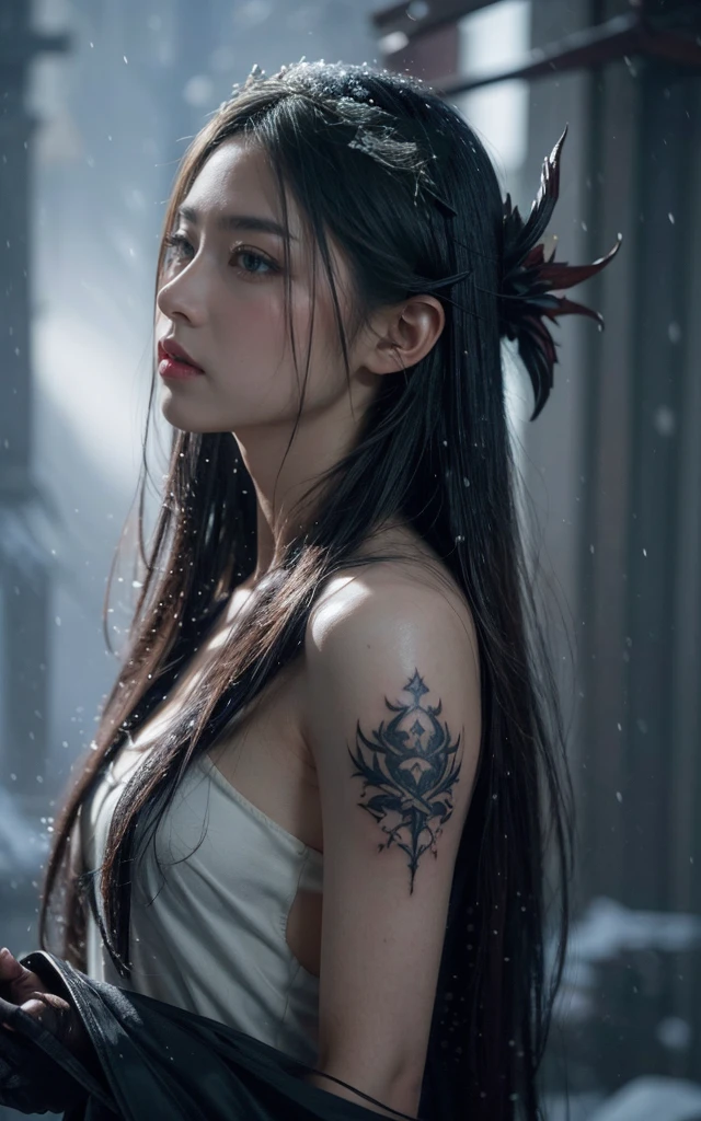 high resolution，High-resolution details，(snowstorm, desolving:1.3), Greg Rutkowski Style, Asian Girls，Lots of details, symmetry, Dark Fantasy, Dark Plants, complex, Tattoo, full of imagination, Very detailed