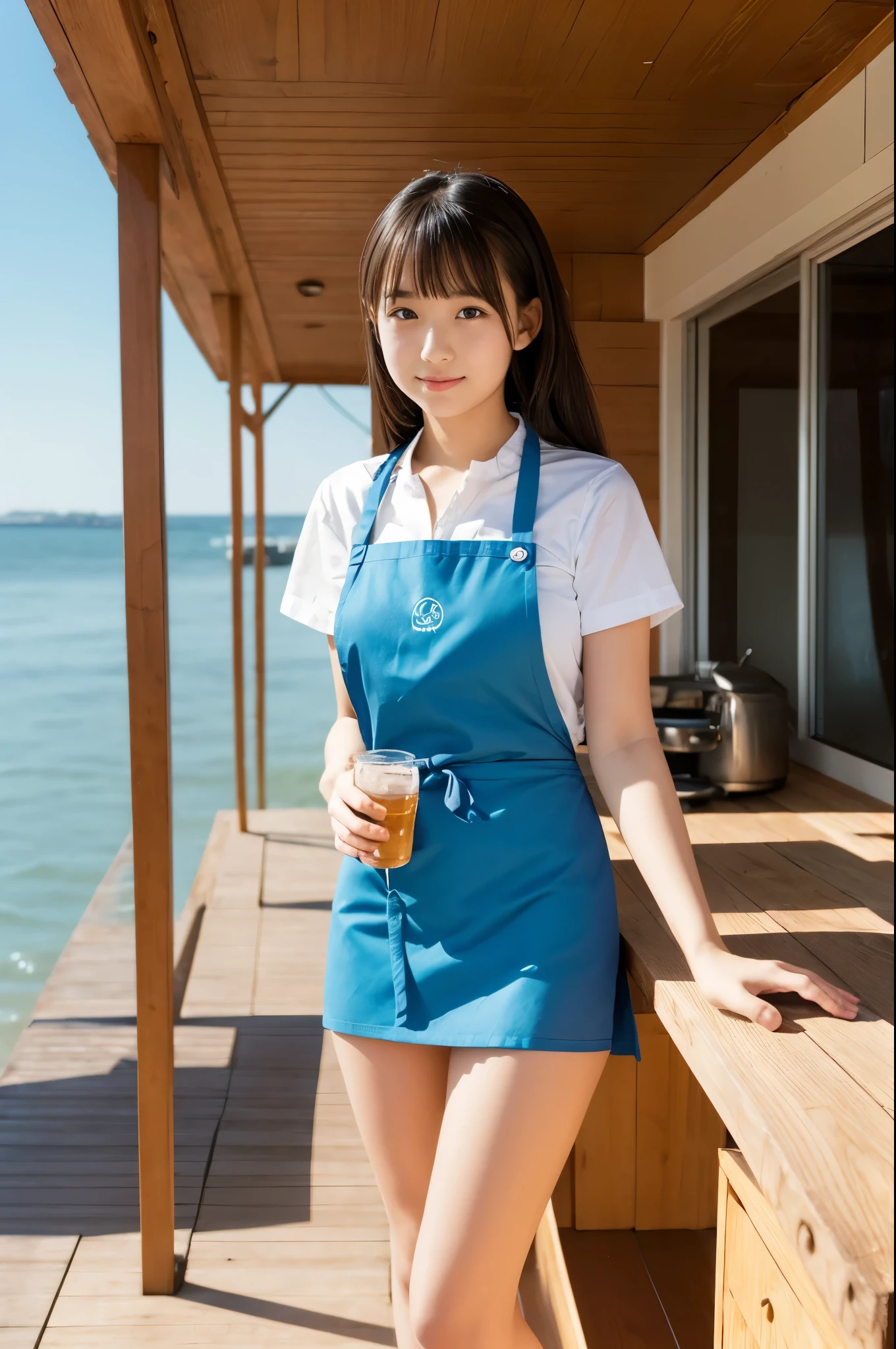 A girl wearing an apron and a miniskirt at a beach house20age
