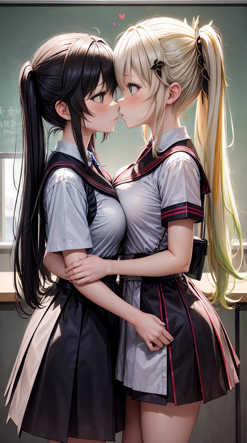 Two teenage girls,Angry expression,Equal height,In the classroom,Black and blonde hair,Face to face, staring at each other,Embrace each other,The two objects are close to each other,kiss、Photo of the two of them、Holding hands and facing each other、向かい合うPhoto of the two of them、Push each other、Stick your together、Super big breasts、uniform、high school girl