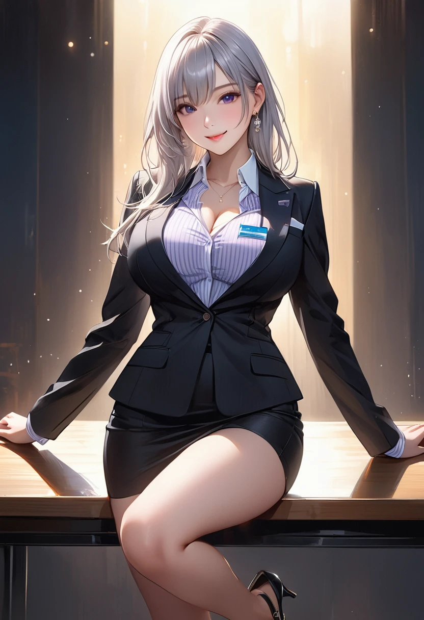 (masterpiece:1.2, Highest quality), (Realistic, photoRealistic:1.4), Beautiful illustrations, (Natural Side Lighting, Cinema Lighting),
View your viewers, Cowboy Shot, Front view, 1 girl, Japanese, high school girl, Perfect Face, Cute and symmetrical face, Glowing Skin, Baby Face,
(Long Hair, Straight hair, Silver Hair), Hair between the eyes, Purple eyes, (Middle chest, Captivating thighs, Big Ass), Earrings,
Beautiful Hair, Beautiful Face, Beautiful attention to detail, Beautiful clavicle, Beautiful body, Beautiful breasts, Beautiful thighs, Beautiful feet, Beautiful fingers,
((Long sleeve, White collar striped shirt, Black suit jacket, Black Pencil Skirt), ID card, strap, Black high heels),
(Beautiful views), evening, office, walk, (Cute smile, Upward glance),