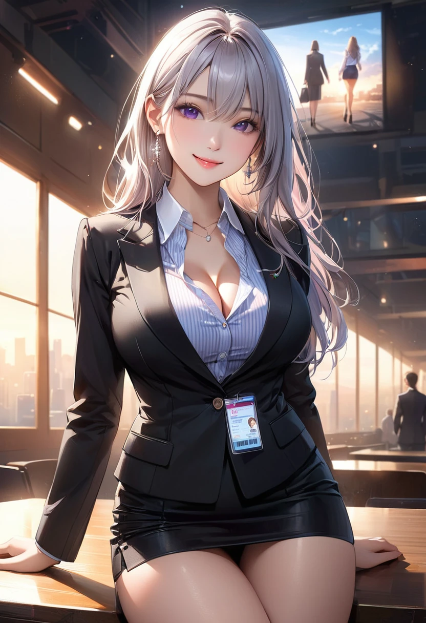 (masterpiece:1.2, Highest quality), (Realistic, photoRealistic:1.4), Beautiful illustrations, (Natural Side Lighting, Cinema Lighting), View your viewers, Cowboy Shot, Front view, 1 girl, Japanese, high school girl, Perfect Face, Cute and symmetrical face, Glowing Skin, Baby Face, (Long Hair, Straight hair, Silver Hair), Hair between the eyes, Purple eyes, (Middle chest, Captivating thighs, Big Ass), Earrings, Beautiful Hair, Beautiful Face, Beautiful attention to detail, Beautiful clavicle, Beautiful body, Beautiful and big breasts, Beautiful thighs, Beautiful feet, Beautiful fingers,Cleavage ((Long sleeve, White collar striped shirt, Black suit jacket, Black Pencil Skirt), ID card, strap, Black high heels), (Beautiful views), evening, office, walk, (Cute smile, Upward glance), Spread your legs,Sit at the table,Pink intricate lace and lingerie