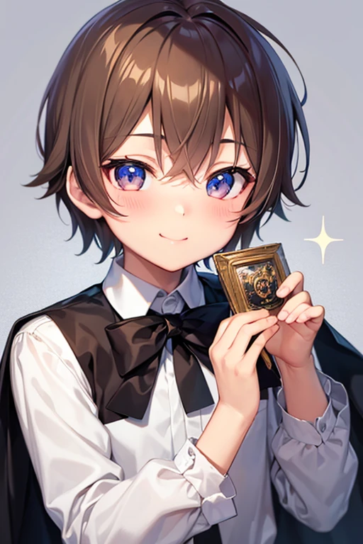 Highest quality, expensive_solve, clear_image, 2D Background ,boy, Young,Brown Hair,Upper Body,Sparkling eyes,smile,Blushing,pout,Illustration, Anime Style, Simple Background,