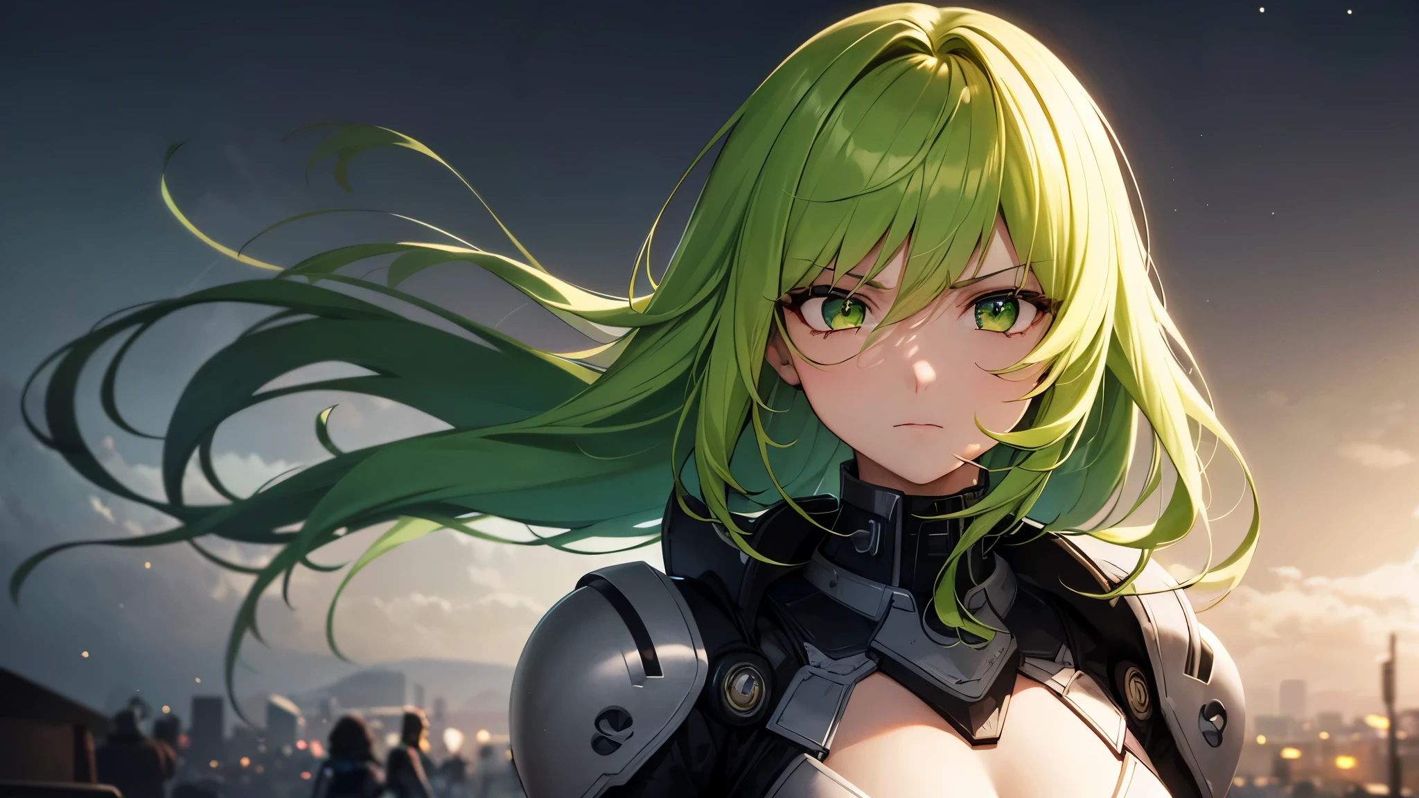 Highest quality, 8k, 4K, High resolution, High Contrast,1girl,only,Beautiful yellow-green hair, Behind you２Tie Hair,(Beautifully detailed face),Yellow-green clear eyes,Upper Eye, Moderate breasts,２０generation, Serious face, Battle Suit, Beautiful night view, In town