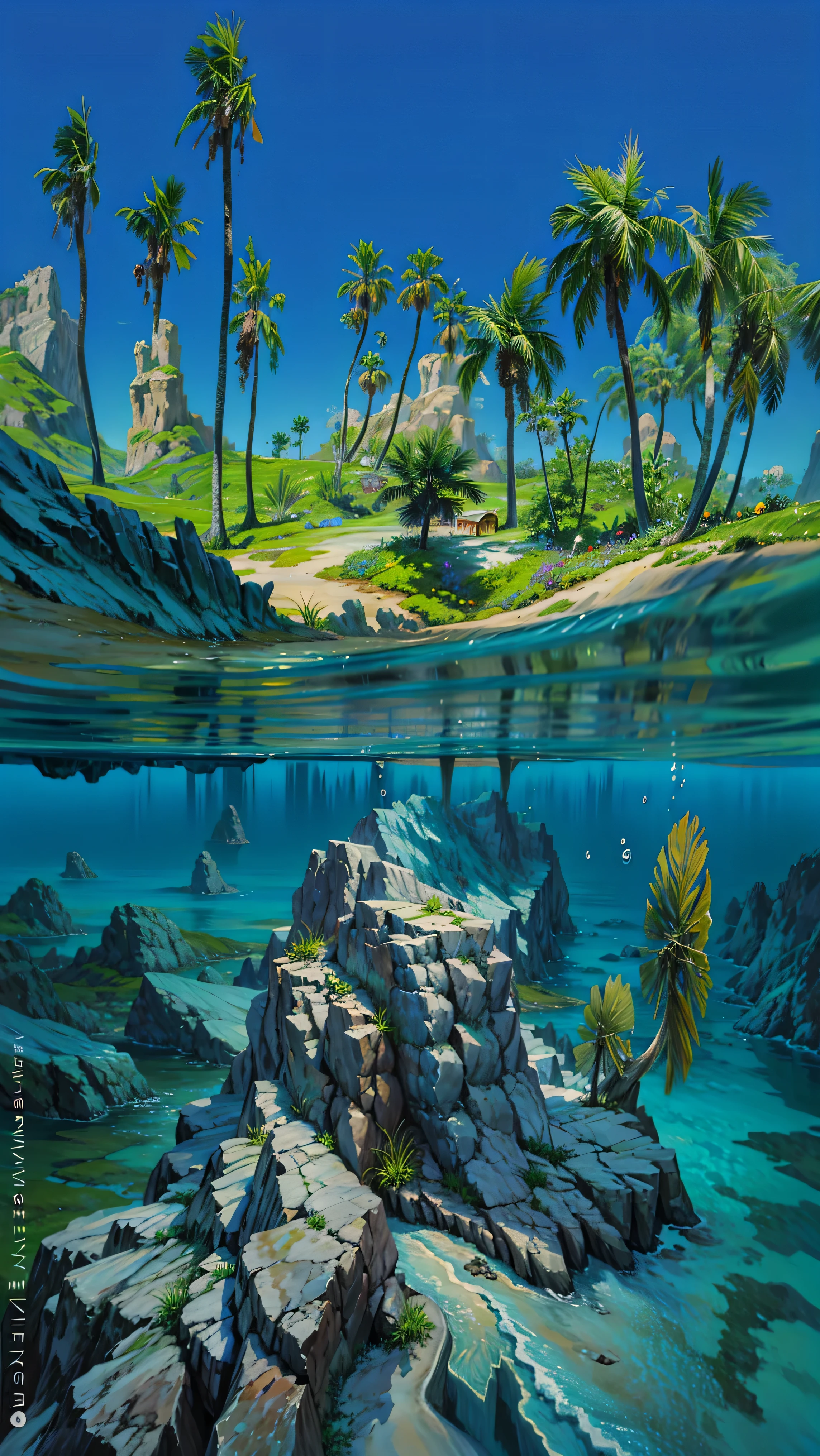 a painting of an ocean scene with a mountain in the background, fantasy sea landscape, by RHADS, ocean background setting, fantasy matte painting，cute, underwater landscape, ornate sea background, under water scenery, sea background, ocean background, underwater environment, underwater scenery, beautiful oil matte painting, underwater scene, matte painting”, matte painting ”, realistic ocean, 4k hd,, beautiful art uhd 4 k, a beautiful artwork illustration, beautiful digital painting, highly detailed digital painting, beautiful digital artwork, detailed painting 4 k, very detailed digital painting, rich picturesque colors, gorgeous digital painting