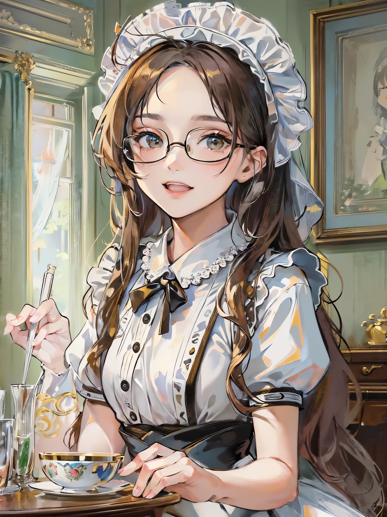 ((Highest quality)),(Ultra-high resolution),(Super detailed),(Detailed Description),((The best CG)),(masterpiece),Highly detailed art,(Art with precise detail:1.5), (Maid:1.7),((Maidキャップ:1.9)),(A gentle smile:1.6),(クラシカルMaid服:1.7),(intellectual:1.5),(Glasses:1.6), (Antique furniture depicted in minute detail:1.7),(Poured Light:1.6),