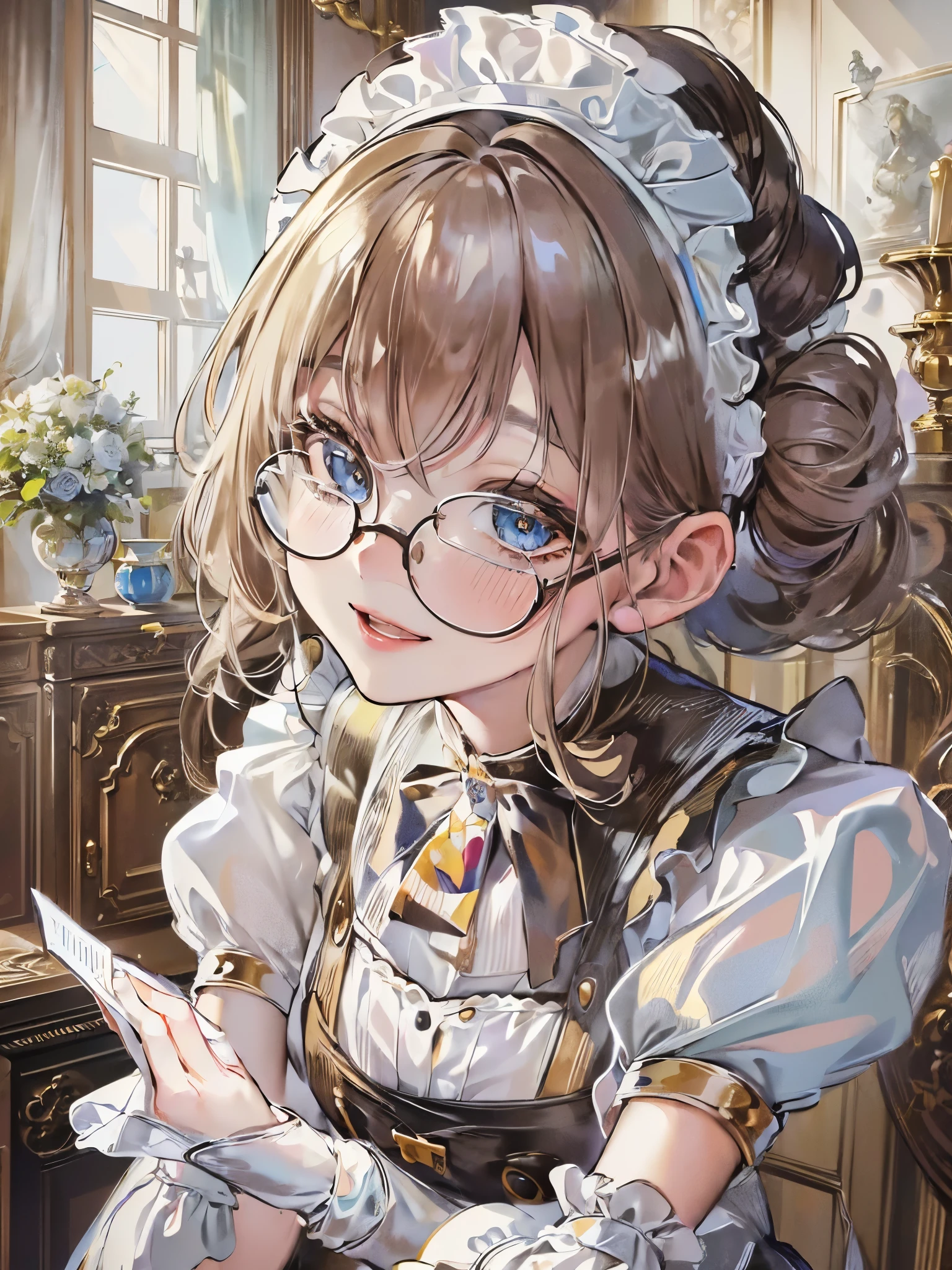 ((Highest quality)),(Ultra-high resolution),(Super detailed),(Detailed Description),((The best CG)),(masterpiece),Highly detailed art,(Art with precise detail:1.5), (Maid:1.7),((Maidキャップ:1.9)),(A gentle smile:1.6),(クラシカルMaid服:1.7),(intellectual:1.5),(Glasses:1.6), (Antique furniture depicted in minute detail:1.7),(Poured Light:1.6),