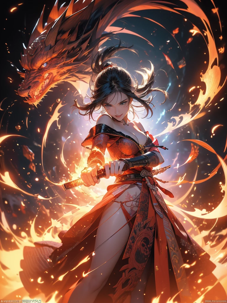 (Full body), (RAW shooting, Photoreal:1.5, 8k, highest quality, masterpiece, ultra high resolution), Sengoku, Japanese architecture on fire:1.5, Wars flaring up everywhere:1.3, perfect dynamic composition:1.2, Highly detailed skin and facial textures:1.2, (Slim female samurai, right hand is holding on a sharp Japanese sword, grabbing beautiful flame by left hand ), Fight:1.2, beautiful and aesthetic, (cute, sexy beauty, perfect style:1.2), wear elaborate rings,(surrounded by detailed beautiful fire),Fair skin, very beautiful face, (Medium chest, cleavage), (smile , The expression on your face when you meet your match in the war, intense caress), (Wearing a sexy Sengoku uniform:1.2, mini-skirt ,(off shoulder), (very small tattoo with shoulder) ), (beautiful blue eyes, Eyes that feel beautiful eros), (Too erotic, Bewitching), full body shot