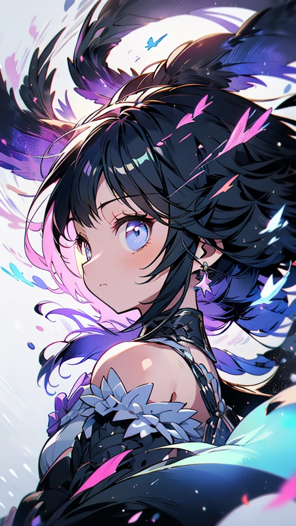 My hair swayed in the wind、A girl with black hair、Facing forward,Looking at me,Shining,輝く青い光