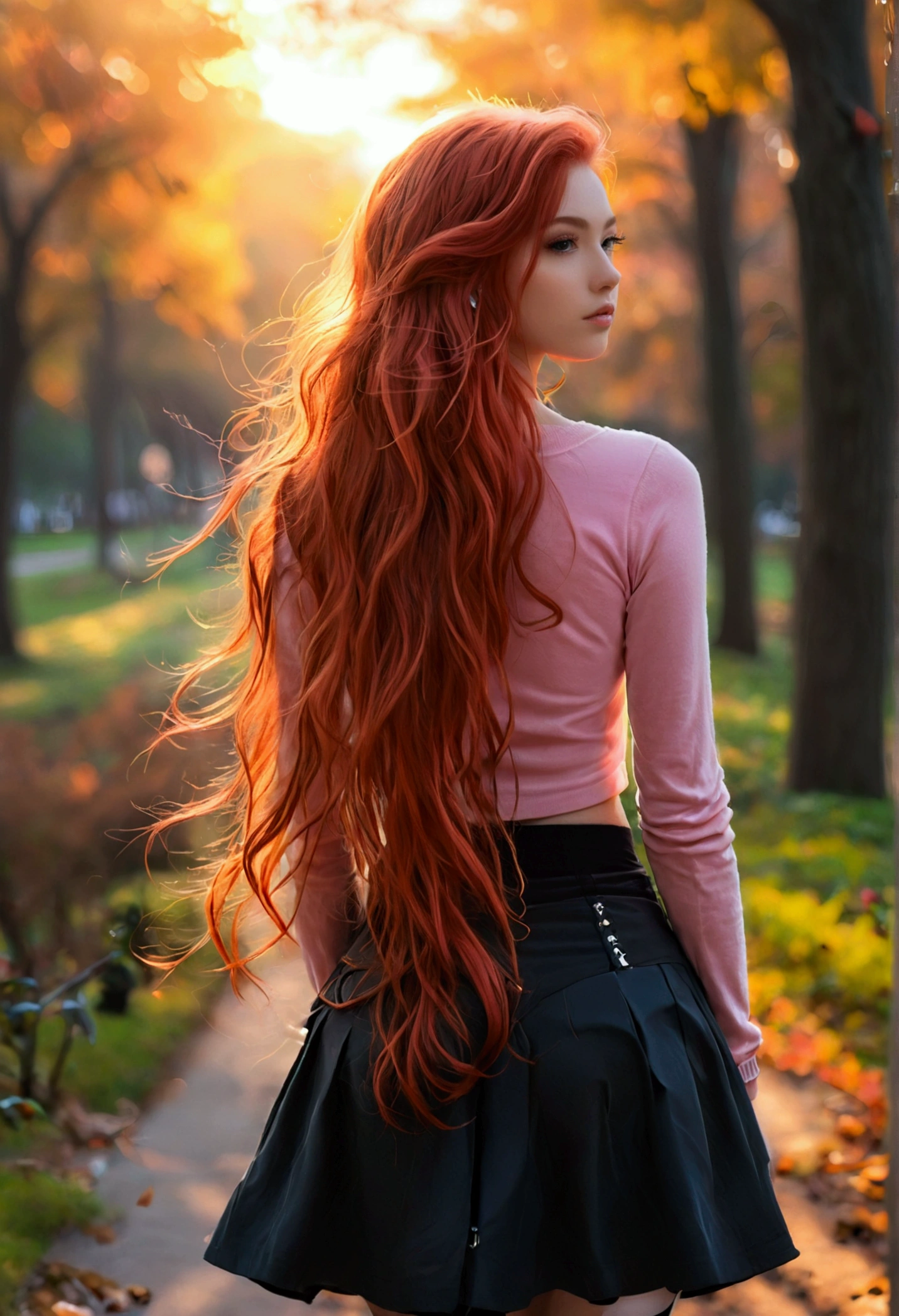 ultra realistic, photography, long straight red hair, girl, 24 years old, hourglass figure, perfect body, small breasts, Flirty look, extremely detailed artgerm, in the style artgerm, facing the camera, lens 35 mm, blur background, walking through the park at dawn towards the camera, wearing a pink top, a black short skirt, thigh socks and sneakers,