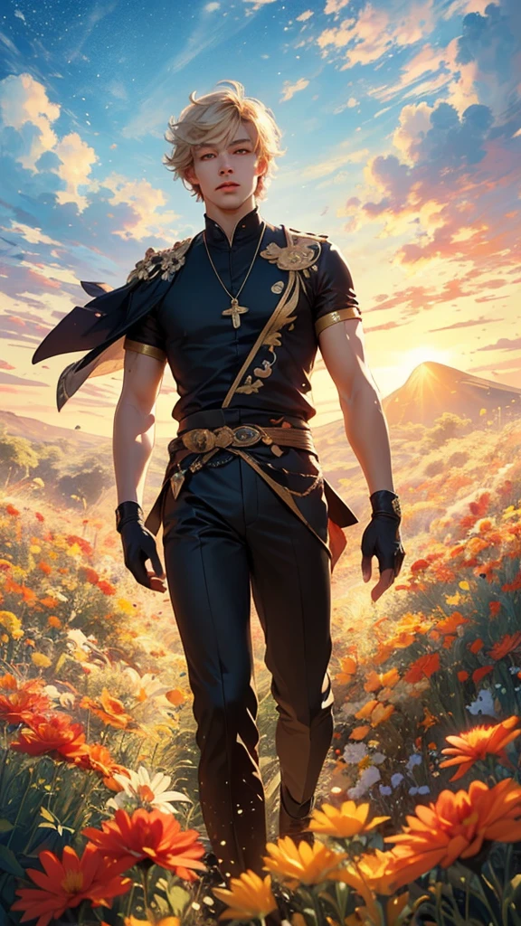 1 adult male solo, blond hair, red eyes, kaveh genshin impact, black top, gold and black embroidered details, golden accessories, dark pants, fingerless gloves, feather hair ornament, shiny eyes (​masterpiece),((top-quality)),(offcial art),(Beautiful and indulgent:1.2),(1manin:1.3),Detailed drawing。Vibrant colors。colourfull、highestdetailed ((ultra-detailliert)),(Highly detailed 2D illustrations),((Extremely delicate and beautiful))Super Detail,atmosphric perspective，dust particle, iridescent, glowing, surrounded by dark red lily flowers, (((walking on a flower field at sunrise, sunrise light many flowers around, soft clouds in the sky, dreamy soft light)))